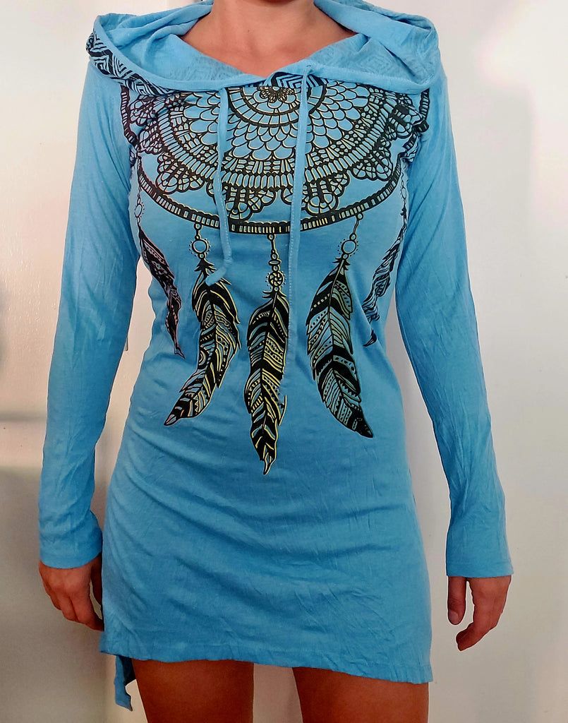 Women's Multicolored Feather Hoodie Dress-The High Thai-The High Thai-Yoga Pants-Harem Pants-Hippie Clothing-San Diego