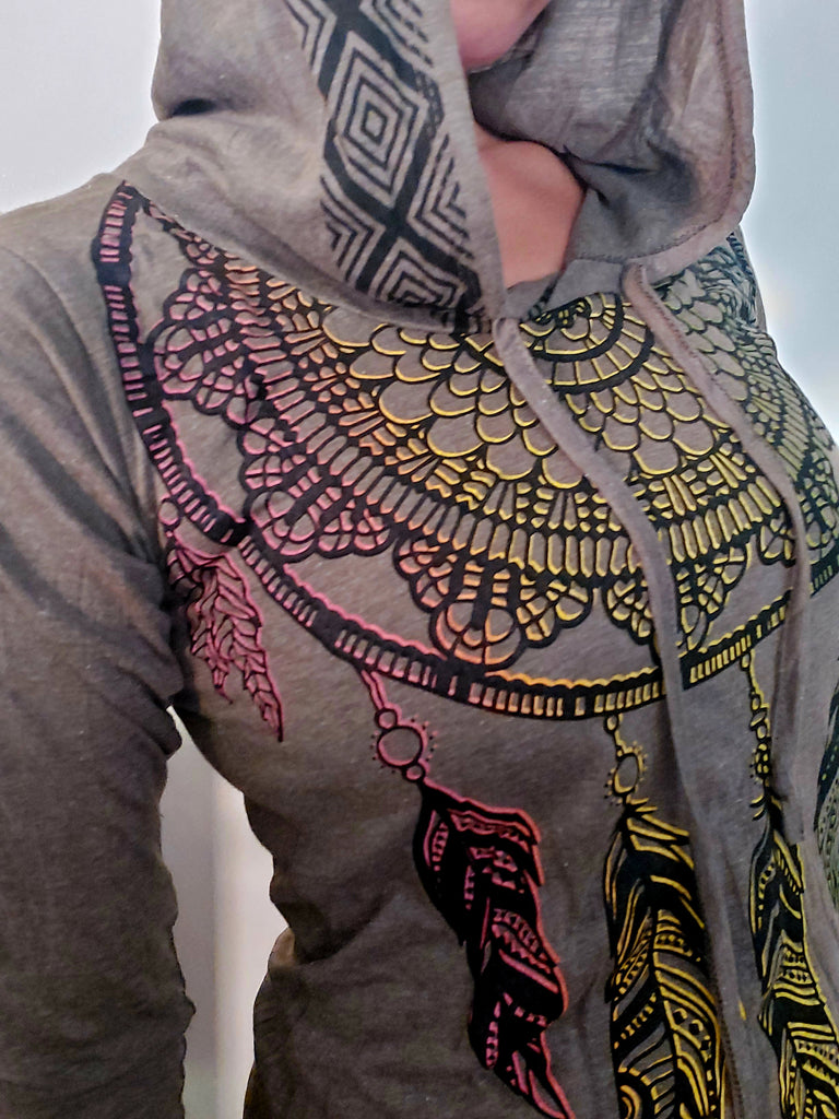 Women's Multicolored Feather Hoodie Dress-The High Thai-The High Thai-Yoga Pants-Harem Pants-Hippie Clothing-San Diego