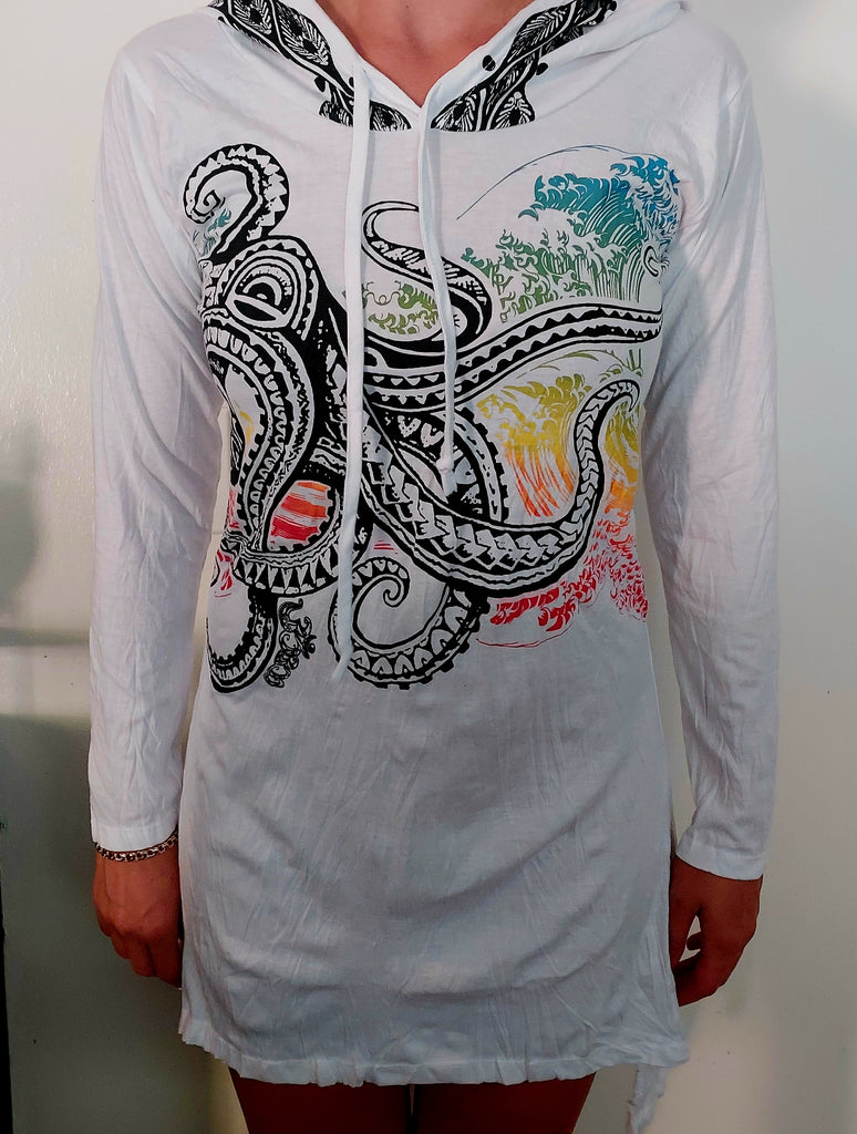 Women's Multicolored Octopus Hoodie Dress-The High Thai-The High Thai-Yoga Pants-Harem Pants-Hippie Clothing-San Diego