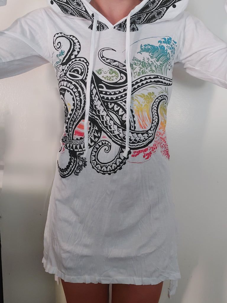 Women's Multicolored Octopus Hoodie Dress-The High Thai-The High Thai-Yoga Pants-Harem Pants-Hippie Clothing-San Diego