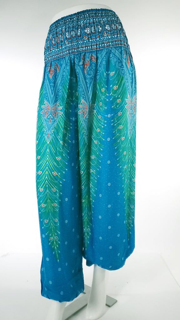 Feather Design Straight Leg Harem Pants in Blue-The High Thai-The High Thai-Yoga Pants-Harem Pants-Hippie Clothing-San Diego