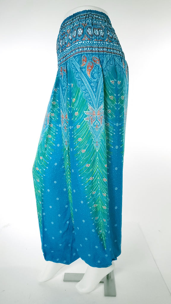 Feather Design Straight Leg Harem Pants in Blue-The High Thai-The High Thai-Yoga Pants-Harem Pants-Hippie Clothing-San Diego