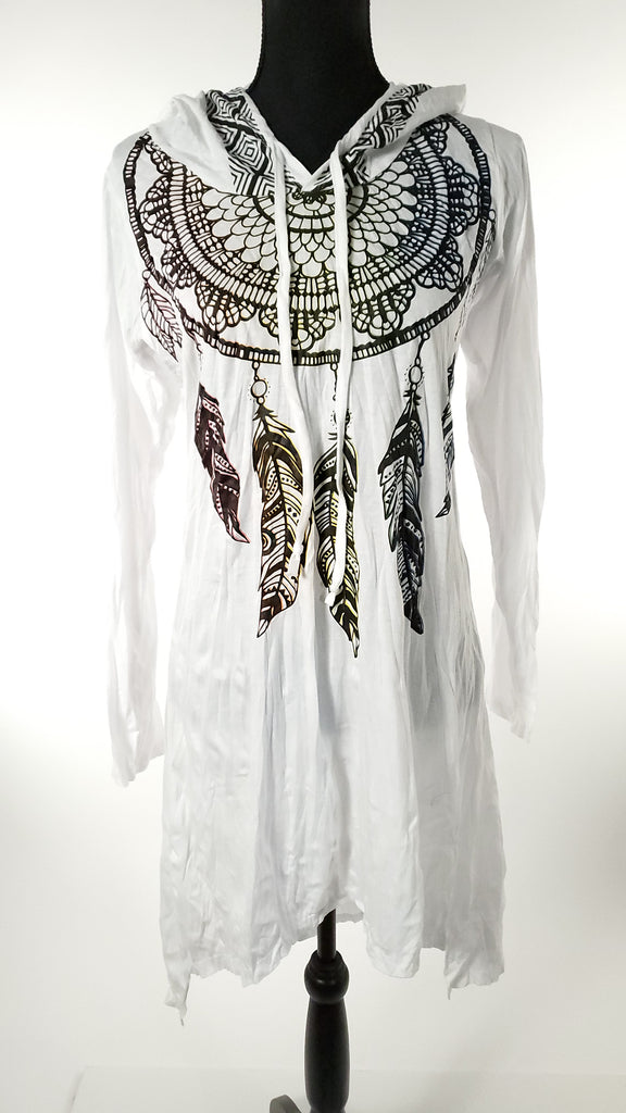 Women's Multicolored Feather Hoodie Dress-The High Thai-The High Thai-Yoga Pants-Harem Pants-Hippie Clothing-San Diego