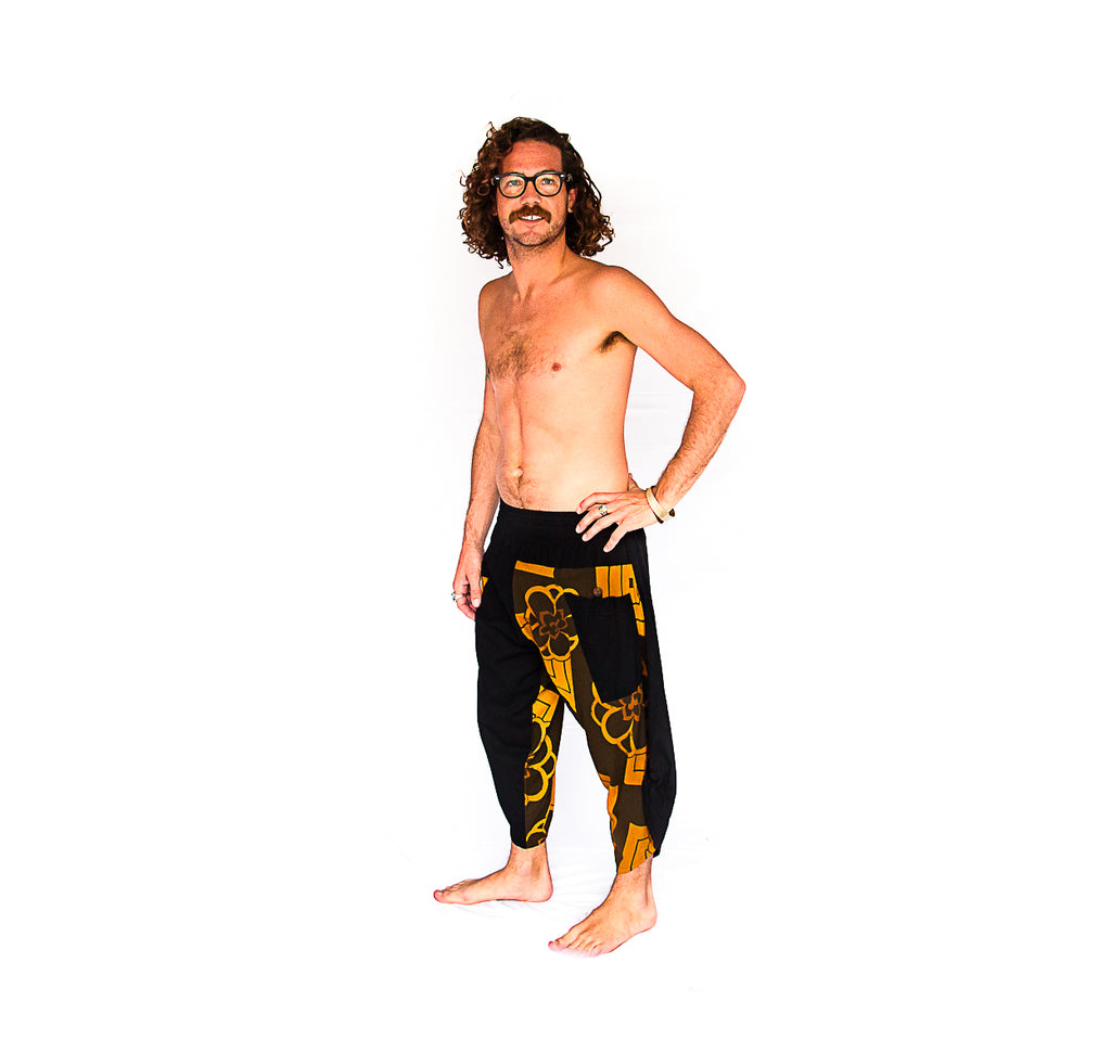 Samurai Elastic Shorts in Floral Tan-The High Thai-The High Thai-Yoga Pants-Harem Pants-Hippie Clothing-San Diego