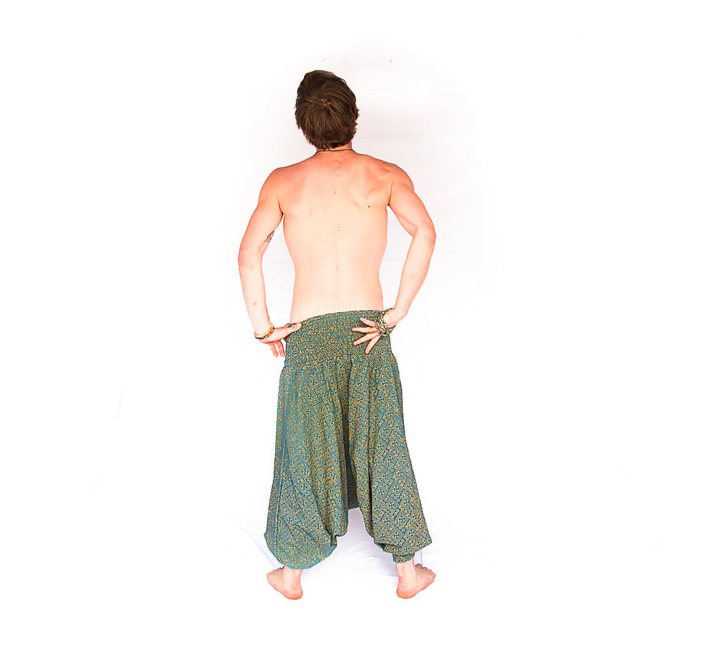 Men's Low Cut Harem Pants in Gold and Turquoise-The High Thai-The High Thai-Yoga Pants-Harem Pants-Hippie Clothing-San Diego