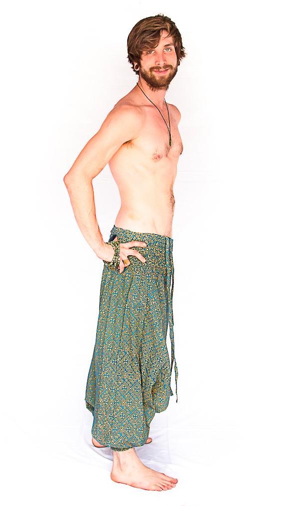 Men's Low Cut Harem Pants in Gold and Turquoise-The High Thai-The High Thai-Yoga Pants-Harem Pants-Hippie Clothing-San Diego