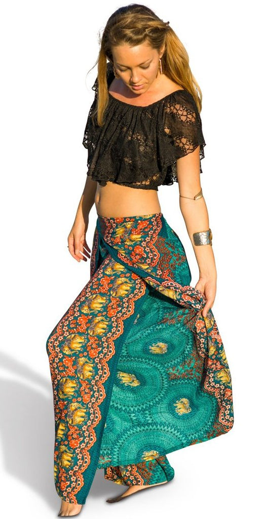 Elephant Design Open Leg Pants in Turquoise-The High Thai-The High Thai-Yoga Pants-Harem Pants-Hippie Clothing-San Diego