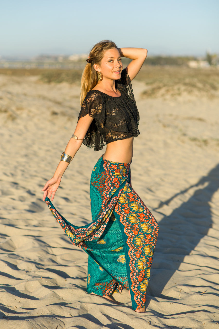 Elephant Design Open Leg Pants in Turquoise-The High Thai-The High Thai-Yoga Pants-Harem Pants-Hippie Clothing-San Diego