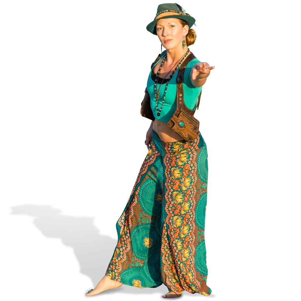 Elephant Design Open Leg Pants in Turquoise-The High Thai-The High Thai-Yoga Pants-Harem Pants-Hippie Clothing-San Diego