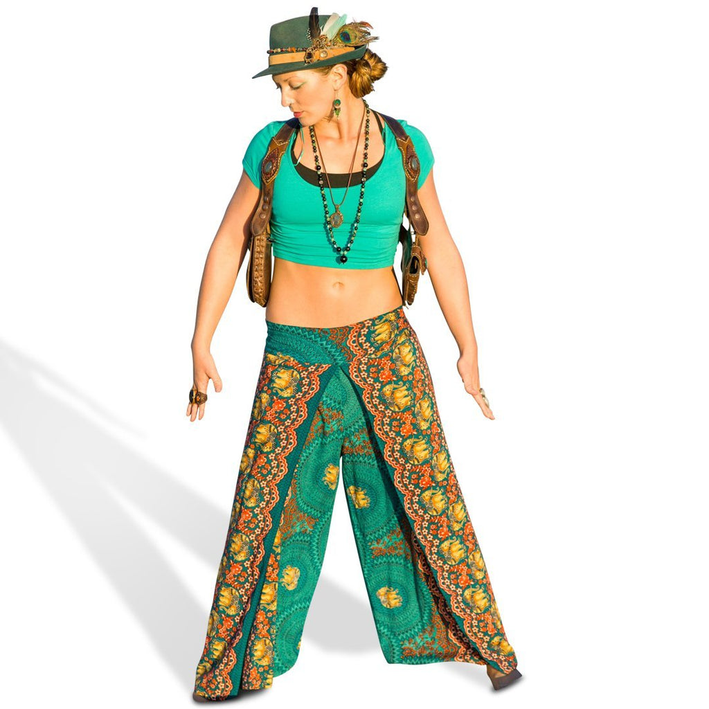 Elephant Design Open Leg Pants in Turquoise-The High Thai-The High Thai-Yoga Pants-Harem Pants-Hippie Clothing-San Diego