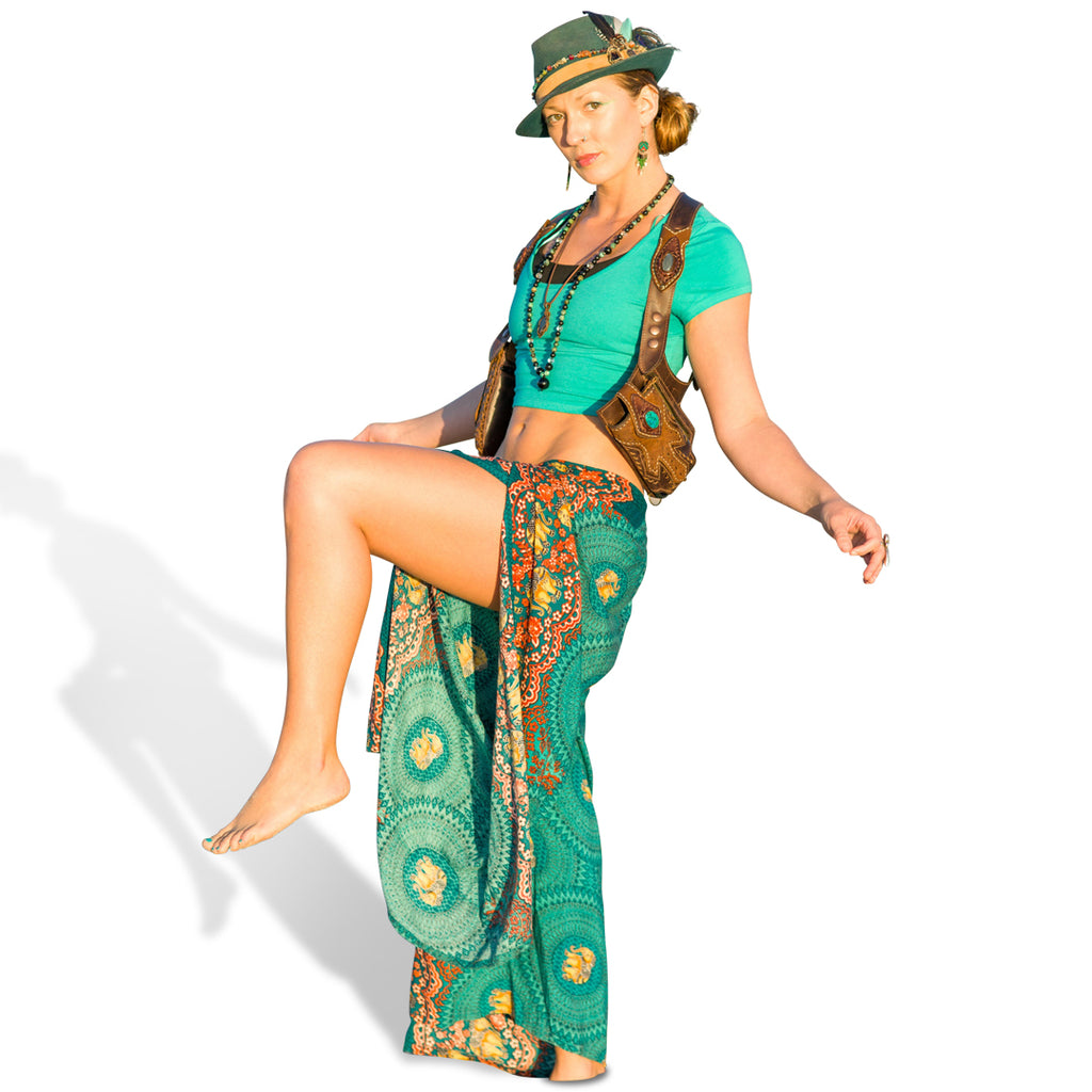 Elephant Design Open Leg Pants in Turquoise-The High Thai-The High Thai-Yoga Pants-Harem Pants-Hippie Clothing-San Diego