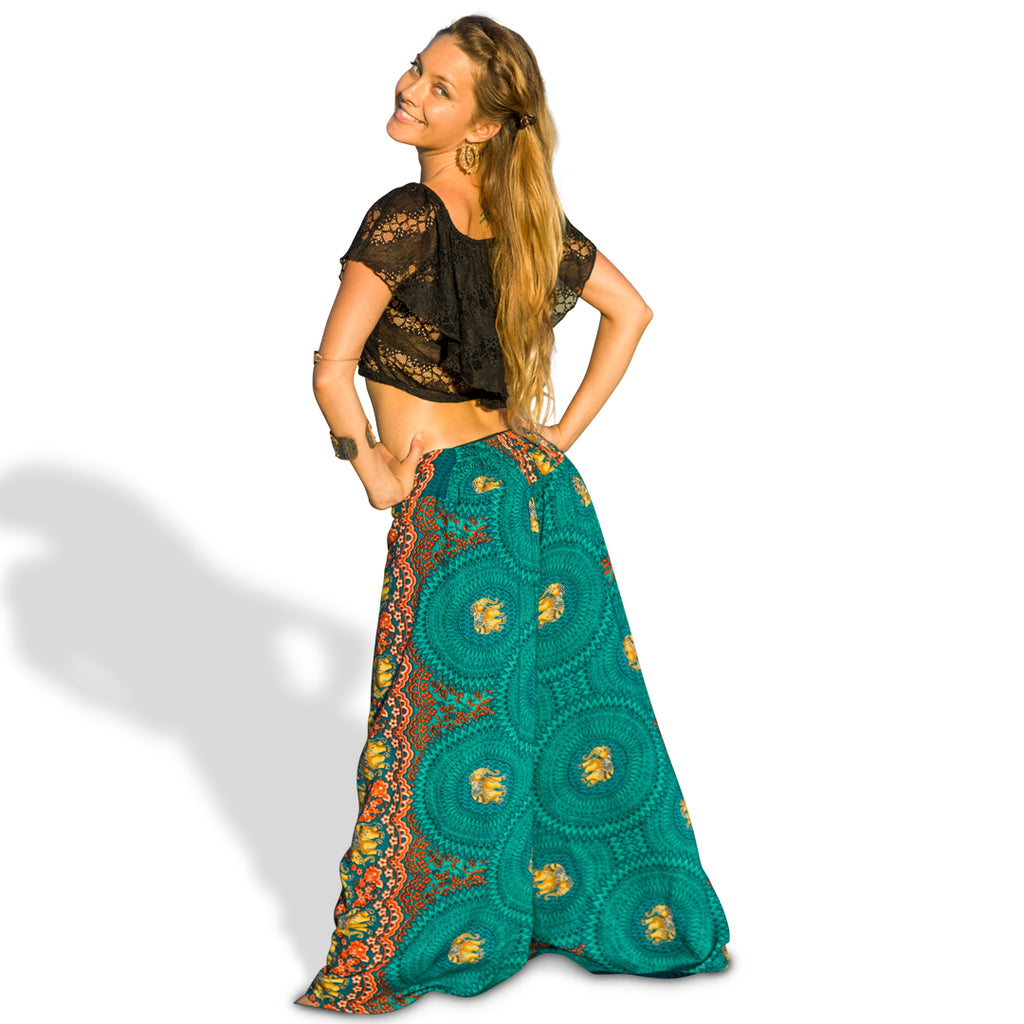 Elephant Design Open Leg Pants in Turquoise-The High Thai-The High Thai-Yoga Pants-Harem Pants-Hippie Clothing-San Diego