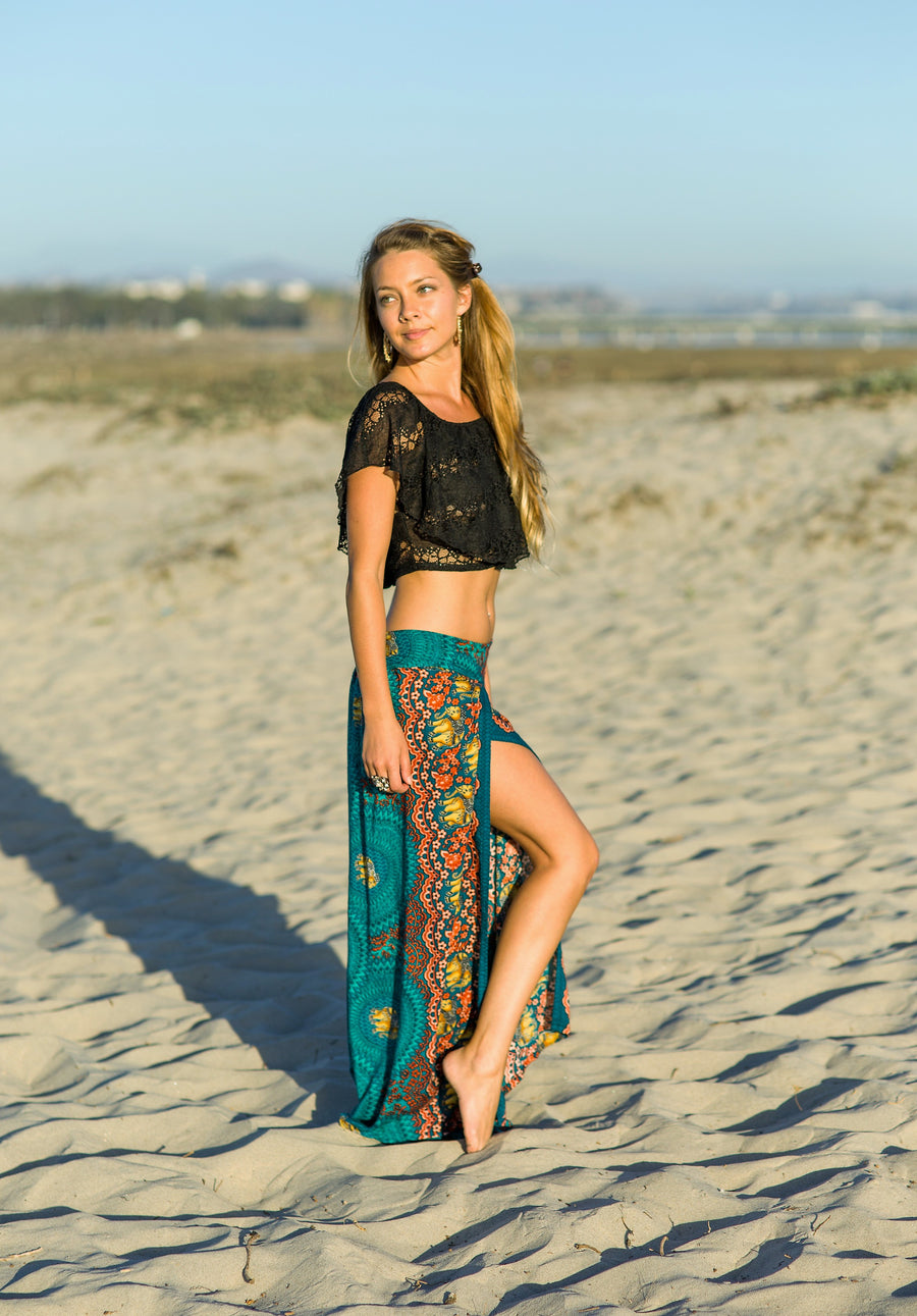 Elephant Design Open Leg Pants in Turquoise-The High Thai-The High Thai-Yoga Pants-Harem Pants-Hippie Clothing-San Diego