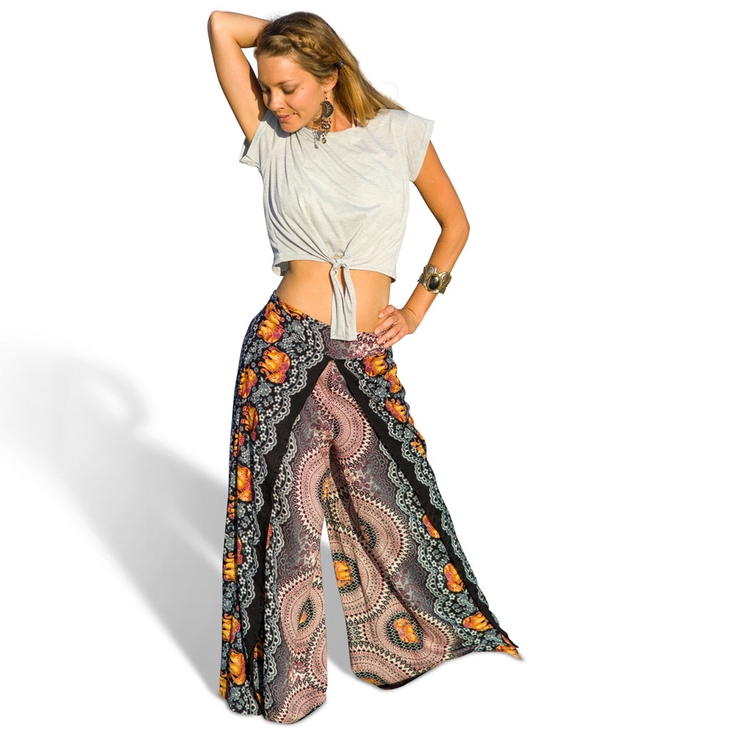 Elephant Design Open Leg Pants in White-The High Thai-The High Thai-Yoga Pants-Harem Pants-Hippie Clothing-San Diego