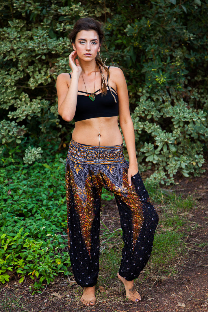 Black and Gold Feather Design Straight Leg Harem Pants-The High Thai-The High Thai-Yoga Pants-Harem Pants-Hippie Clothing-San Diego