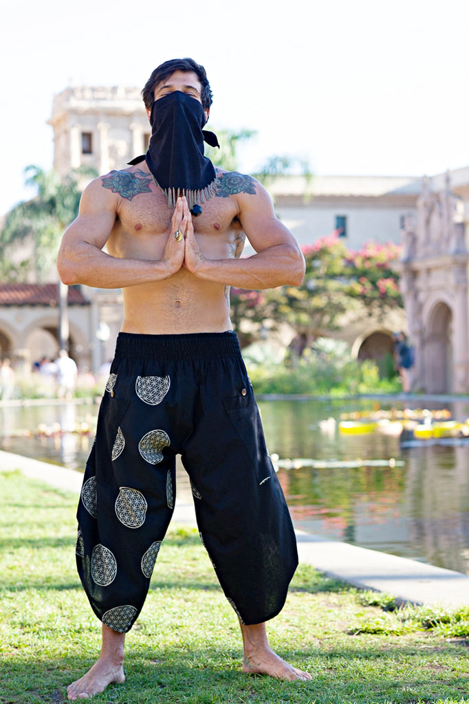 Samurai Elastic Shorts in Sacred Geometry-The High Thai-The High Thai-Yoga Pants-Harem Pants-Hippie Clothing-San Diego