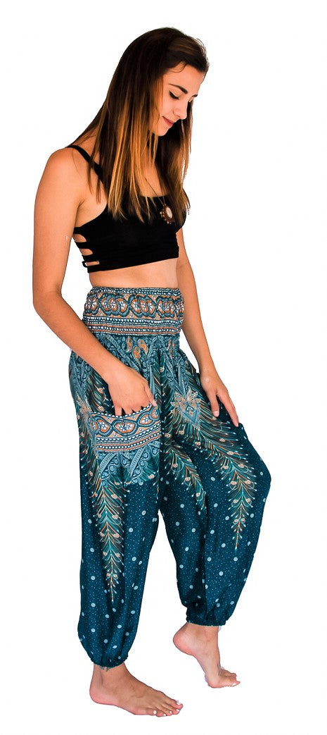 Feather Design Straight Leg Harem Pants in Turquoise-The High Thai-The High Thai-Yoga Pants-Harem Pants-Hippie Clothing-San Diego