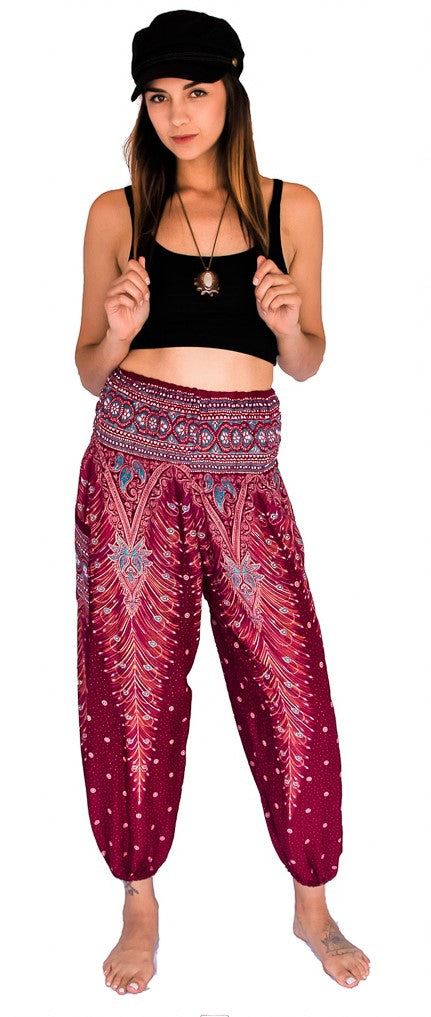 Feather Design Straight Leg Harem Pants in Red-The High Thai-The High Thai-Yoga Pants-Harem Pants-Hippie Clothing-San Diego