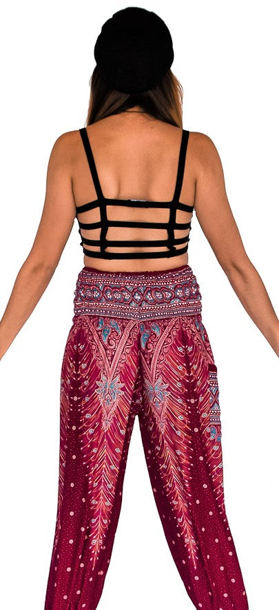 Feather Design Straight Leg Harem Pants in Red-The High Thai-The High Thai-Yoga Pants-Harem Pants-Hippie Clothing-San Diego
