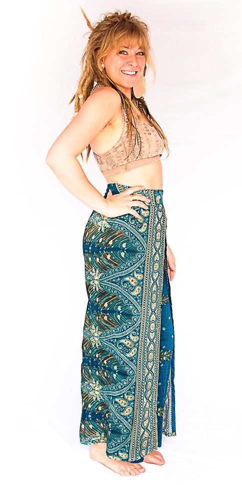 Feather Design Open Leg Pants in Turquoise-The High Thai-The High Thai-Yoga Pants-Harem Pants-Hippie Clothing-San Diego