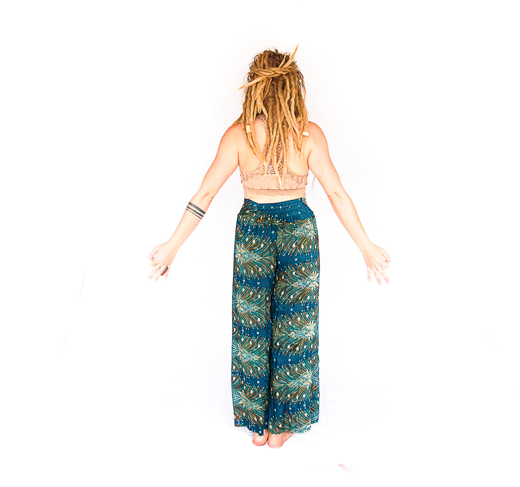 Feather Design Open Leg Pants in Turquoise-The High Thai-The High Thai-Yoga Pants-Harem Pants-Hippie Clothing-San Diego