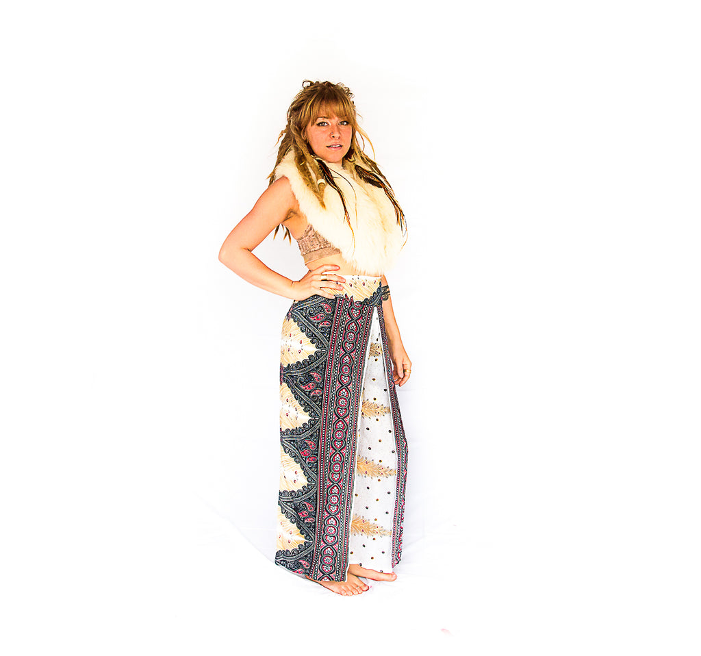 Feather Design Open Leg Pants in White-The High Thai-The High Thai-Yoga Pants-Harem Pants-Hippie Clothing-San Diego