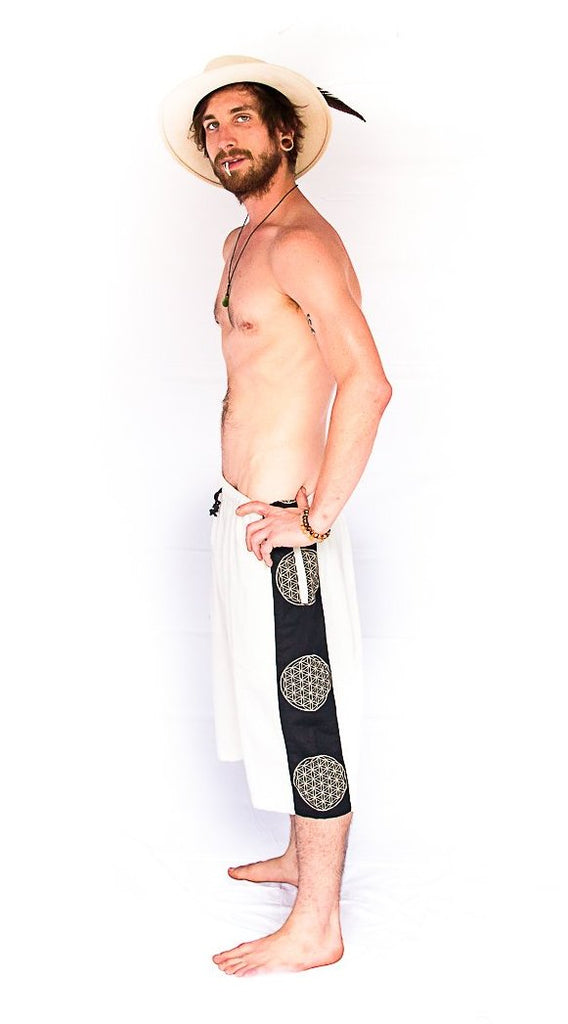 Flower of Life Lounge Shorts in White-The High Thai-The High Thai-Yoga Pants-Harem Pants-Hippie Clothing-San Diego