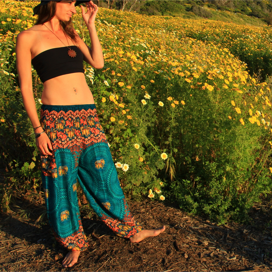 Elephant Design Straight Leg Harem Pants in Turquoise-The High Thai-The High Thai-Yoga Pants-Harem Pants-Hippie Clothing-San Diego