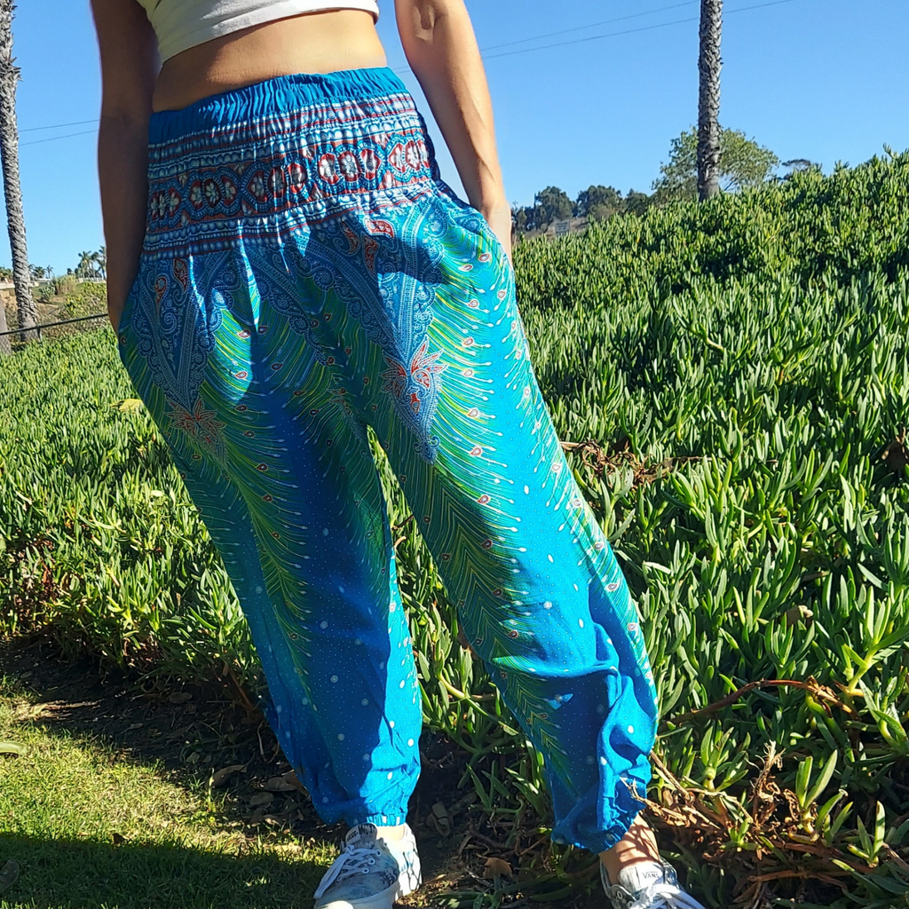 Feather Design Straight Leg Harem Pants in Blue-The High Thai-The High Thai-Yoga Pants-Harem Pants-Hippie Clothing-San Diego