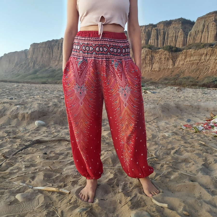 Feather Design Straight Leg Harem Pants in Red-The High Thai-The High Thai-Yoga Pants-Harem Pants-Hippie Clothing-San Diego