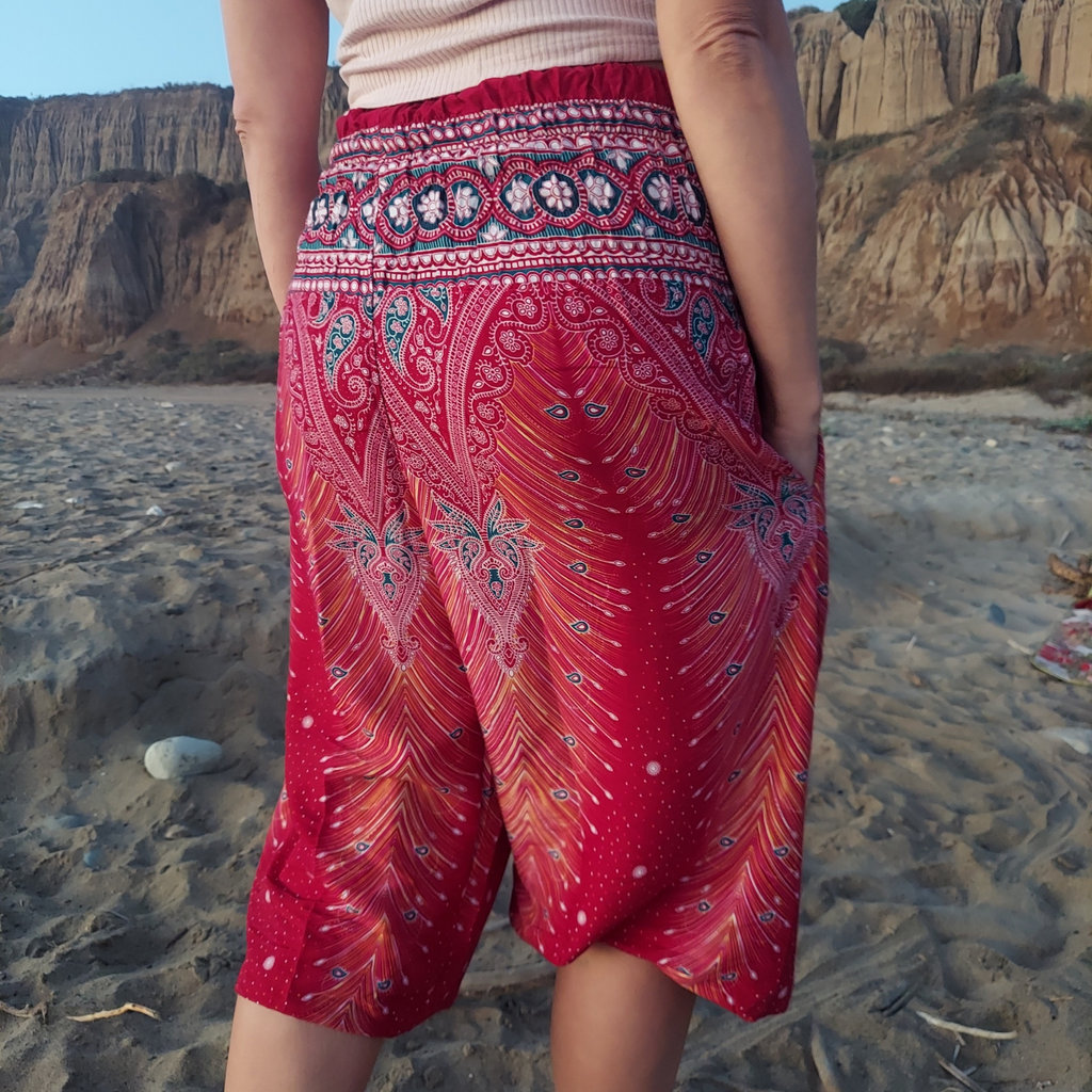 Feather Design Straight Leg Harem Pants in Red-The High Thai-The High Thai-Yoga Pants-Harem Pants-Hippie Clothing-San Diego