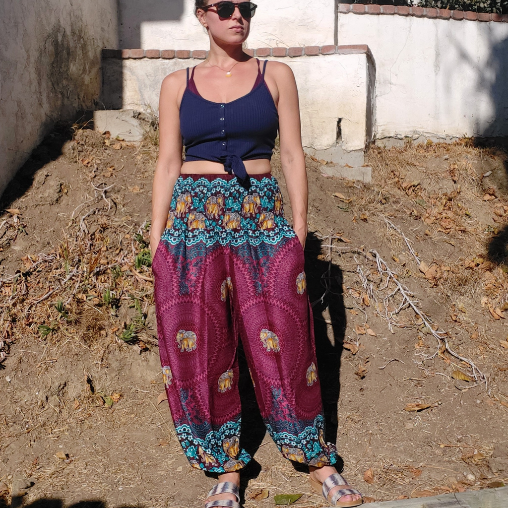 Elephant Design Straight Leg Harem Pants in Red-The High Thai-The High Thai-Yoga Pants-Harem Pants-Hippie Clothing-San Diego