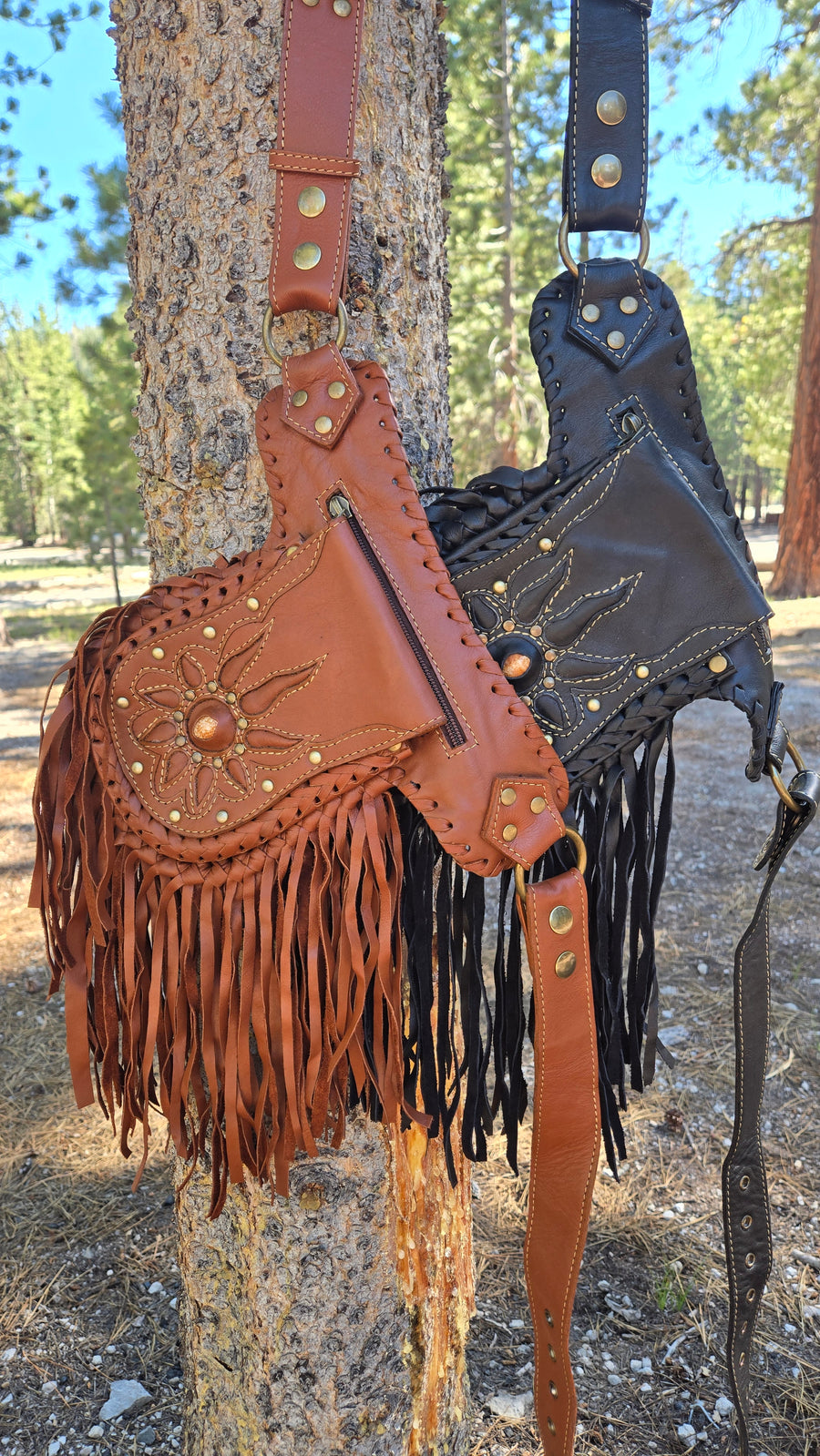 Leather Fringe Belt Bag with 3 Pockets – Western Hip Pouch Utility Belt in Black & Brown – Genuine Leather-The High Thai-The High Thai-Yoga Pants-Harem Pants-Hippie Clothing-San Diego
