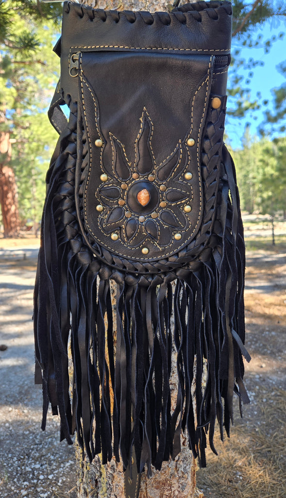 Leather Fringe Belt Bag with 3 Pockets – Western Hip Pouch Utility Belt in Black & Brown – Genuine Leather