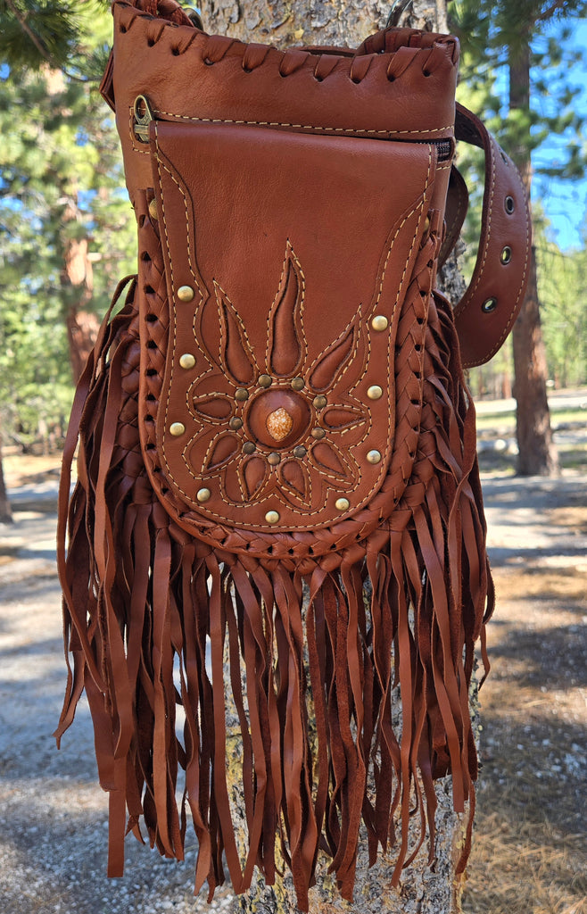 Leather Fringe Belt Bag with 3 Pockets – Western Hip Pouch Utility Belt in Black & Brown – Genuine Leather