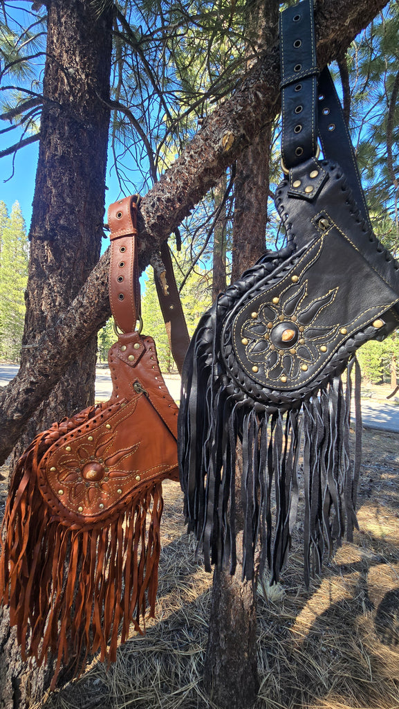 Leather Fringe Belt Bag with 3 Pockets – Western Hip Pouch Utility Belt in Black & Brown – Genuine Leather