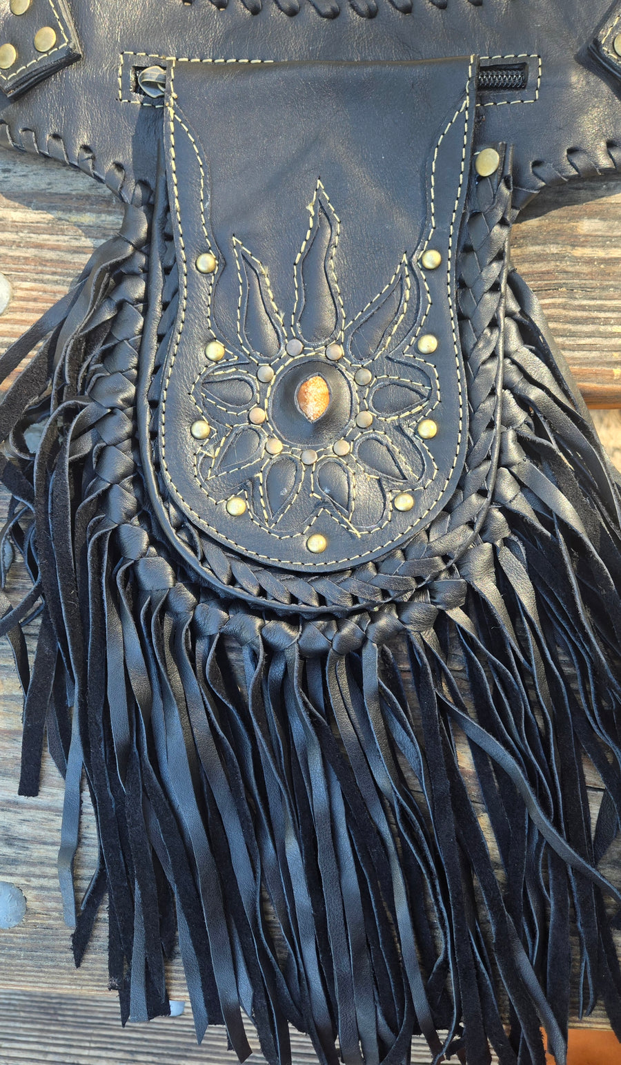 Leather Fringe Belt Bag with 3 Pockets – Western Hip Pouch Utility Belt in Black & Brown – Genuine Leather-The High Thai-The High Thai-Yoga Pants-Harem Pants-Hippie Clothing-San Diego