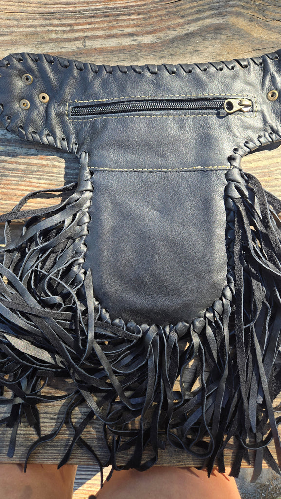 Leather Fringe Belt Bag with 3 Pockets – Western Hip Pouch Utility Belt in Black & Brown – Genuine Leather