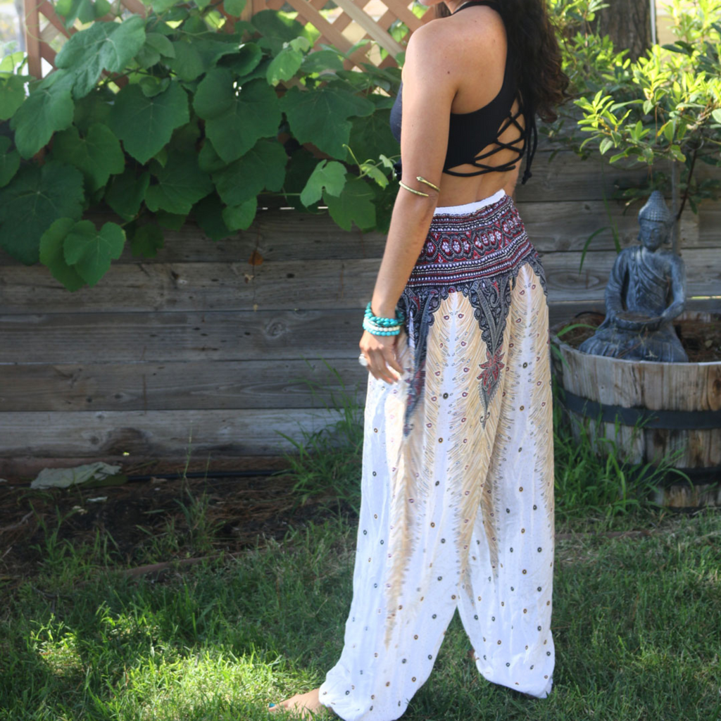 Feather Design Straight Leg Harem Pants in White-The High Thai-The High Thai-Yoga Pants-Harem Pants-Hippie Clothing-San Diego