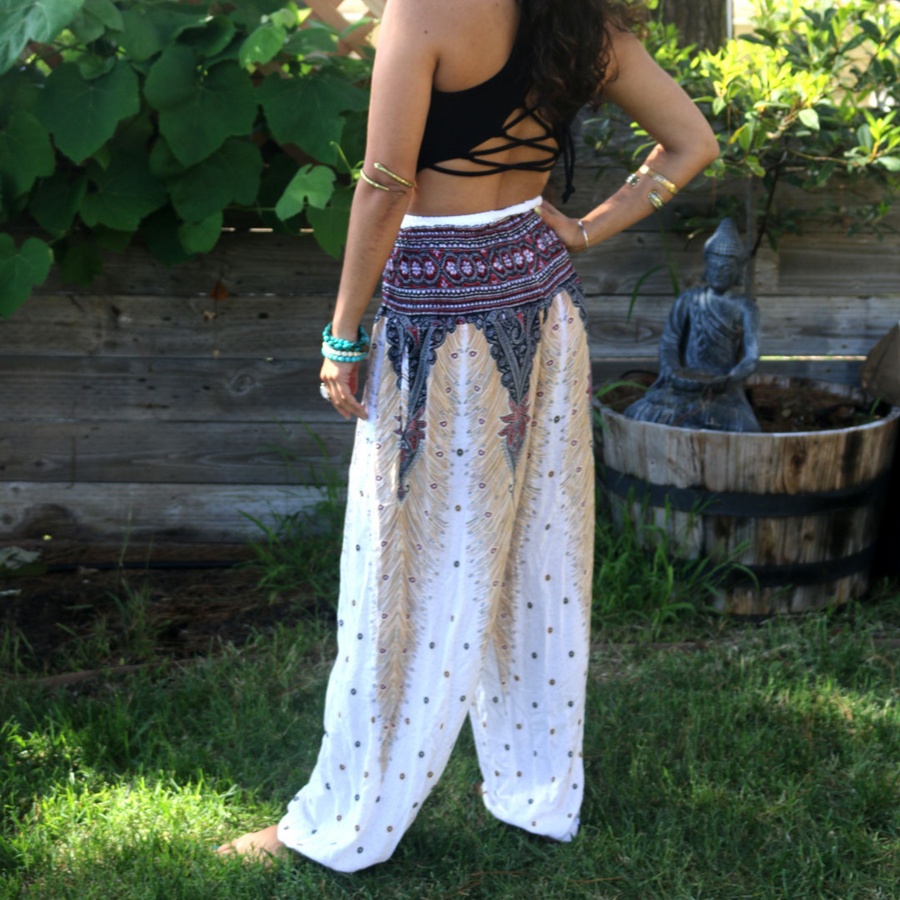 Feather Design Straight Leg Harem Pants in White-The High Thai-The High Thai-Yoga Pants-Harem Pants-Hippie Clothing-San Diego