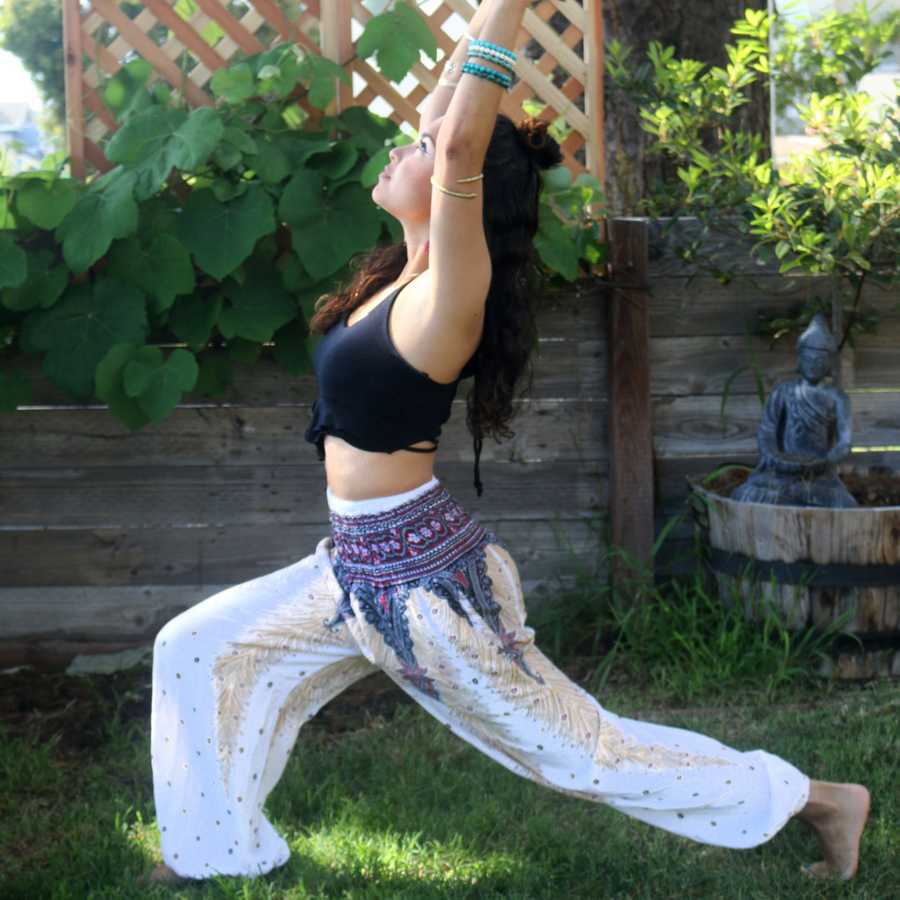 Feather Design Straight Leg Harem Pants in White-The High Thai-The High Thai-Yoga Pants-Harem Pants-Hippie Clothing-San Diego