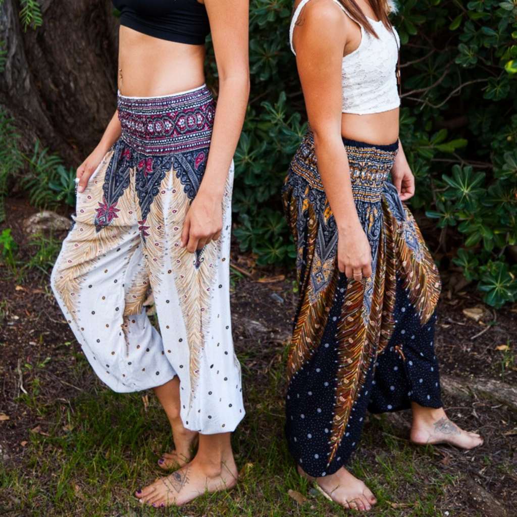 Feather Design Straight Leg Harem Pants in White-The High Thai-The High Thai-Yoga Pants-Harem Pants-Hippie Clothing-San Diego