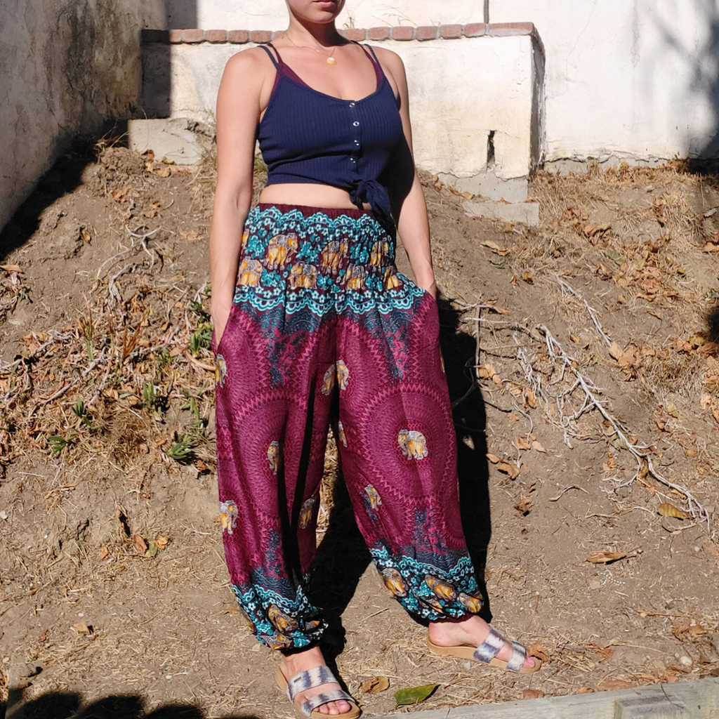 Elephant Design Straight Leg Harem Pants in Red-The High Thai-The High Thai-Yoga Pants-Harem Pants-Hippie Clothing-San Diego