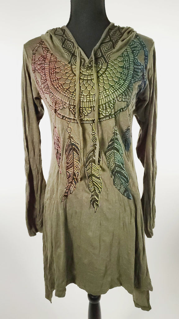 Women's Multicolored Feather Hoodie Dress-The High Thai-The High Thai-Yoga Pants-Harem Pants-Hippie Clothing-San Diego