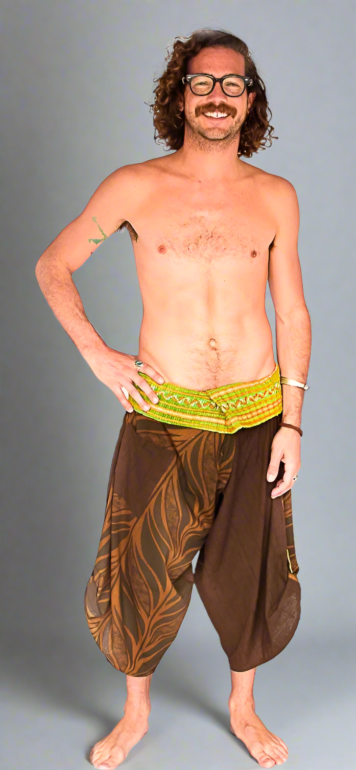 Samurai Fisherman Shorts in Brown Leaf Design-The High Thai-The High Thai-Yoga Pants-Harem Pants-Hippie Clothing-San Diego