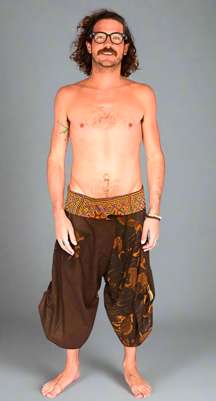 Samurai Fisherman Shorts in Brown Koi Fish-The High Thai-The High Thai-Yoga Pants-Harem Pants-Hippie Clothing-San Diego