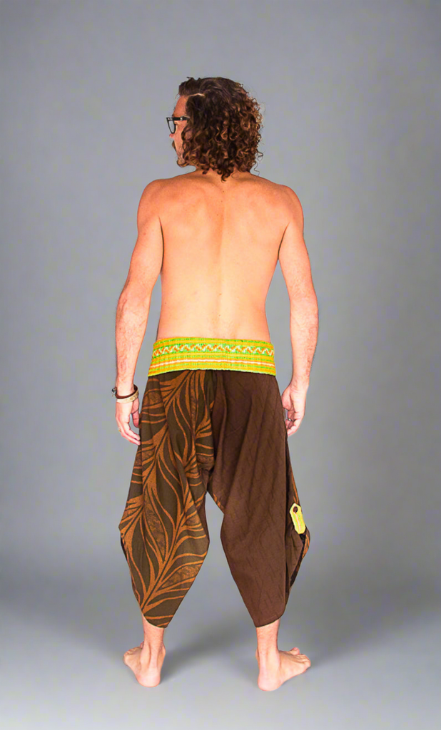 Samurai Fisherman Shorts in Brown Leaf Design-The High Thai-The High Thai-Yoga Pants-Harem Pants-Hippie Clothing-San Diego