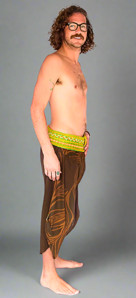 Samurai Fisherman Shorts in Brown Leaf Design-The High Thai-The High Thai-Yoga Pants-Harem Pants-Hippie Clothing-San Diego