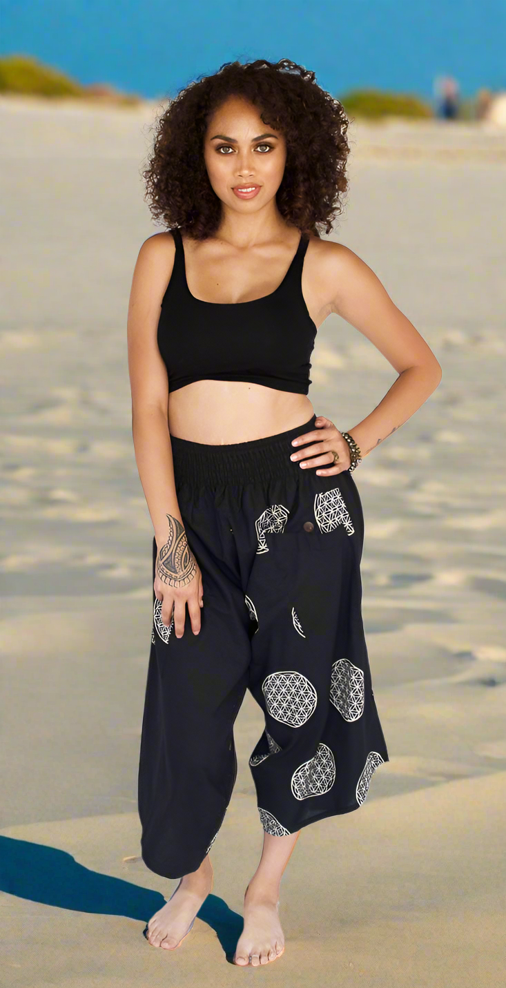 Women's Elastic Samurai Shorts in Sacred Geometry-The High Thai-The High Thai-Yoga Pants-Harem Pants-Hippie Clothing-San Diego