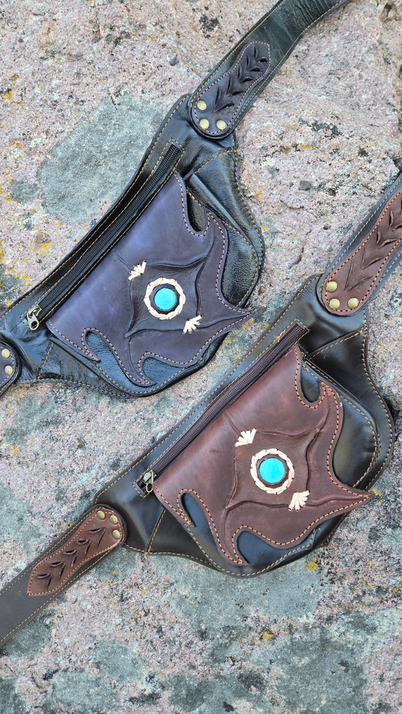 Leather Belt Bag with Turquoise Stone - 4 Pocket Fanny Pack-The High Thai-The High Thai-Yoga Pants-Harem Pants-Hippie Clothing-San Diego